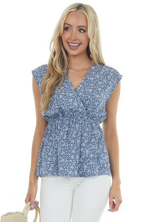 Dusty Blue Floral Surplice Sleeveless Blouse