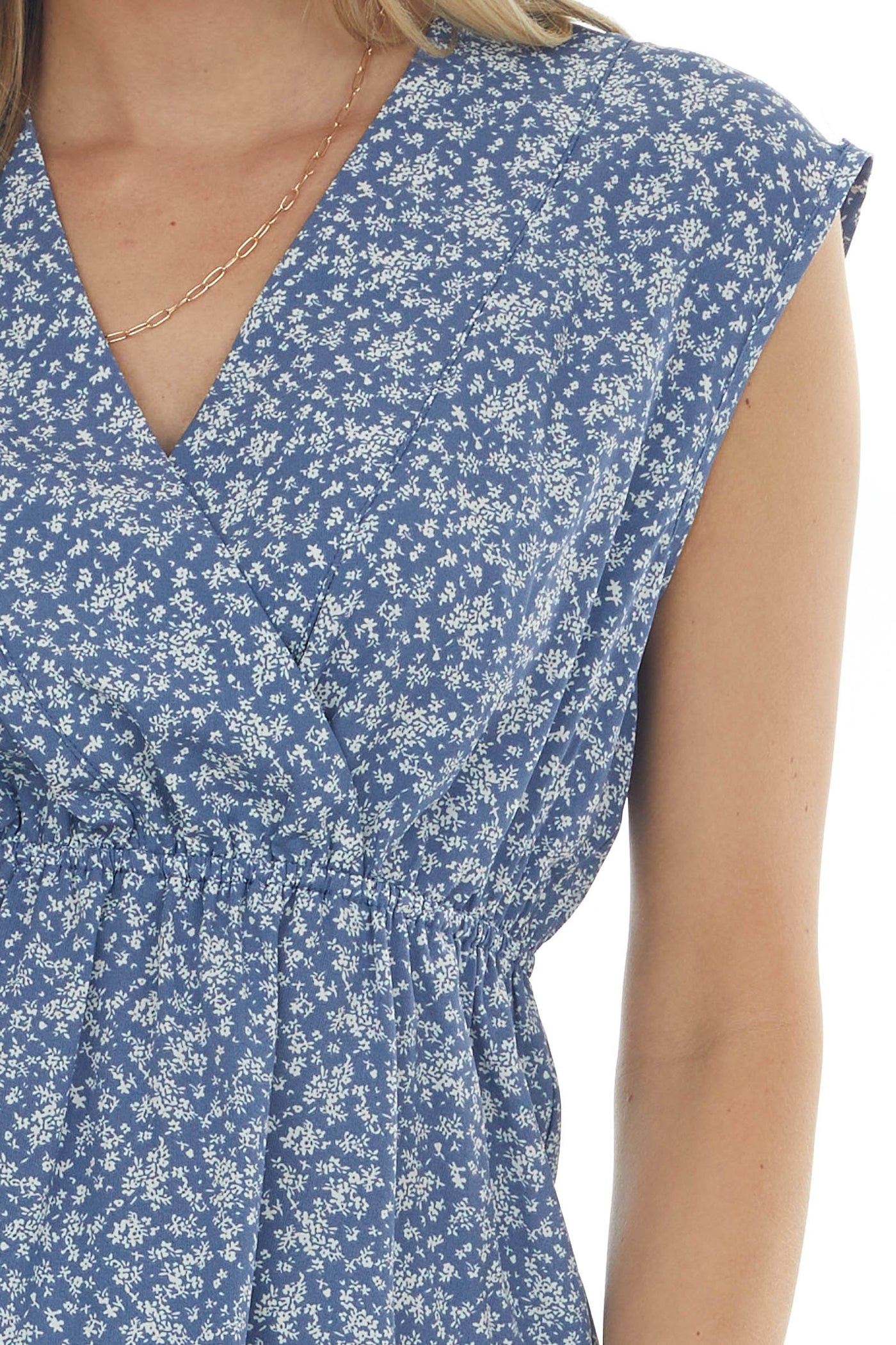 Dusty Blue Floral Surplice Sleeveless Blouse