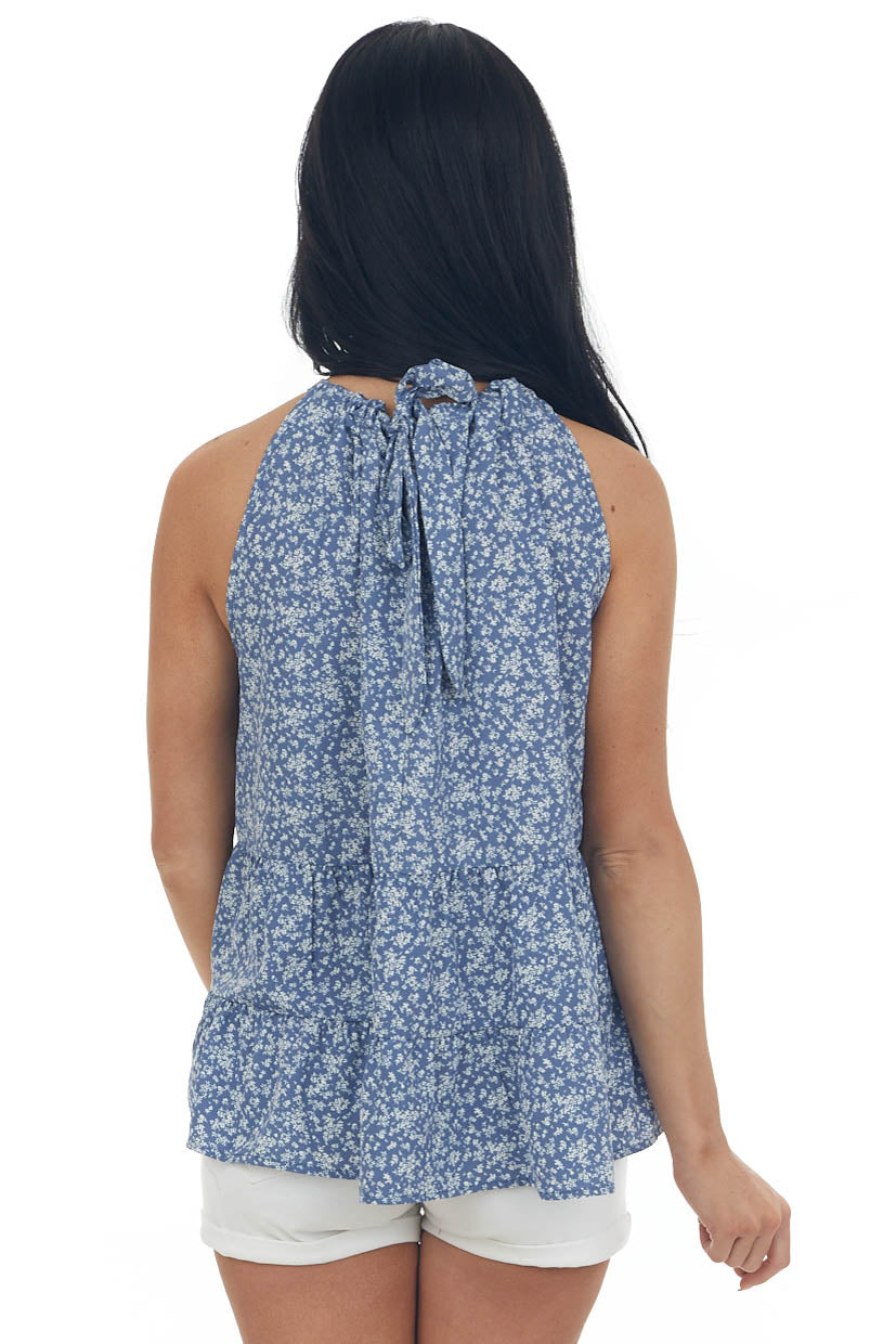 Dusty Blue Floral Tiered Halter Neck Tank Top