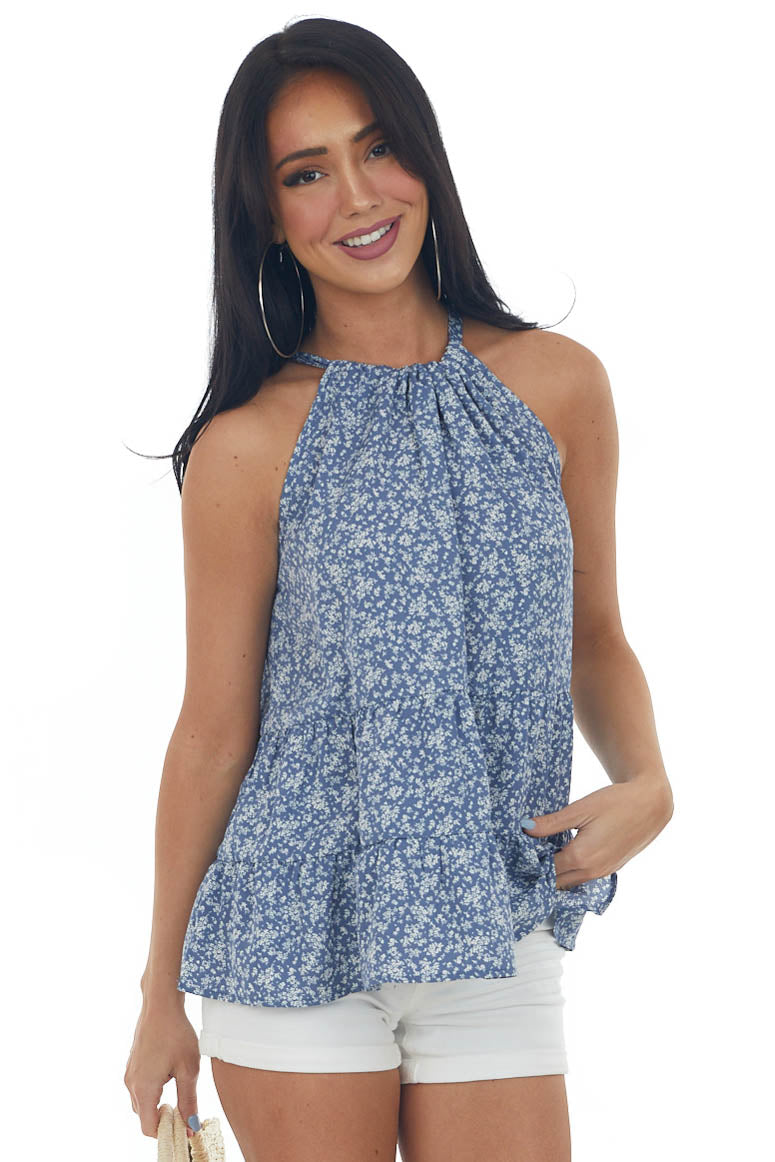 Dusty Blue Floral Tiered Halter Neck Tank Top