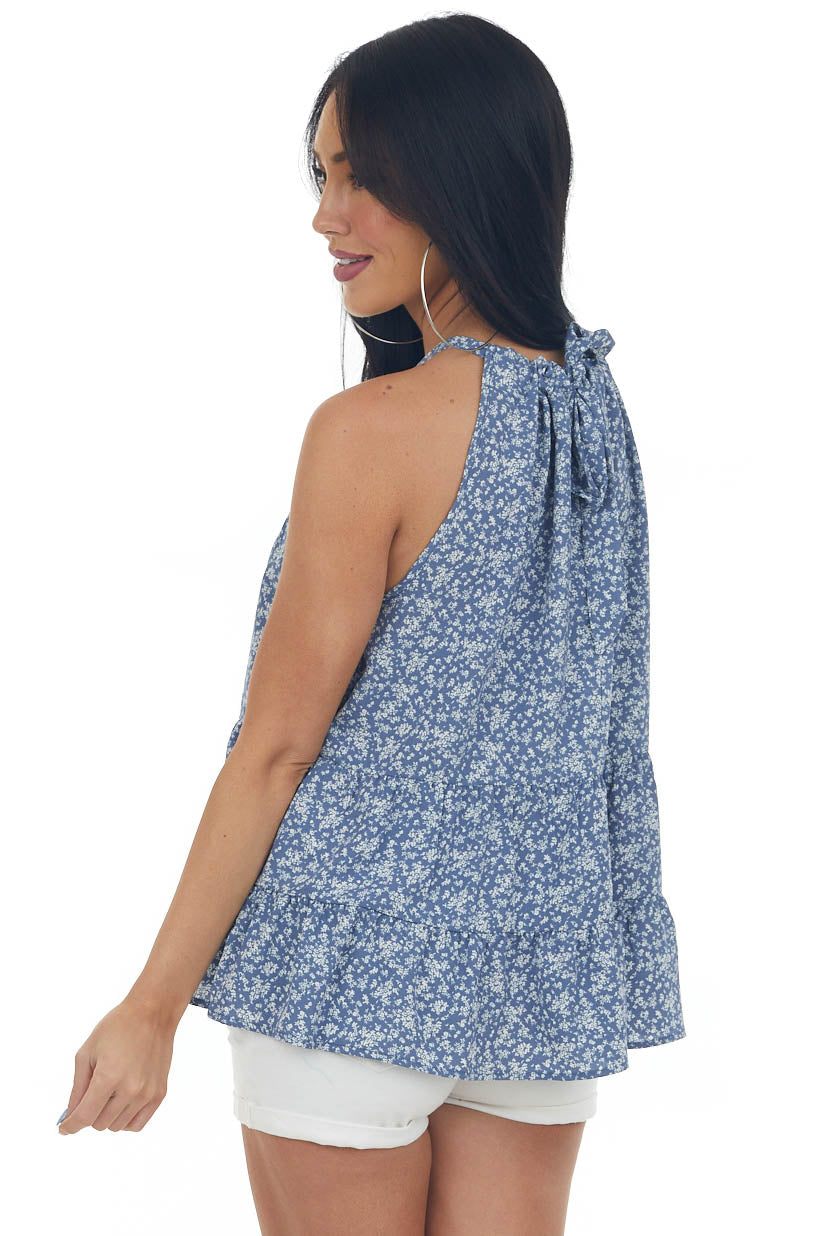 Dusty Blue Floral Tiered Halter Neck Tank Top
