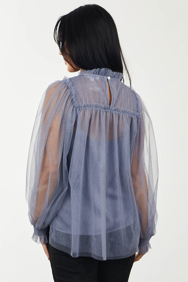 Dusty Blue High Neck Pintuck Yoke Tulle Blouse