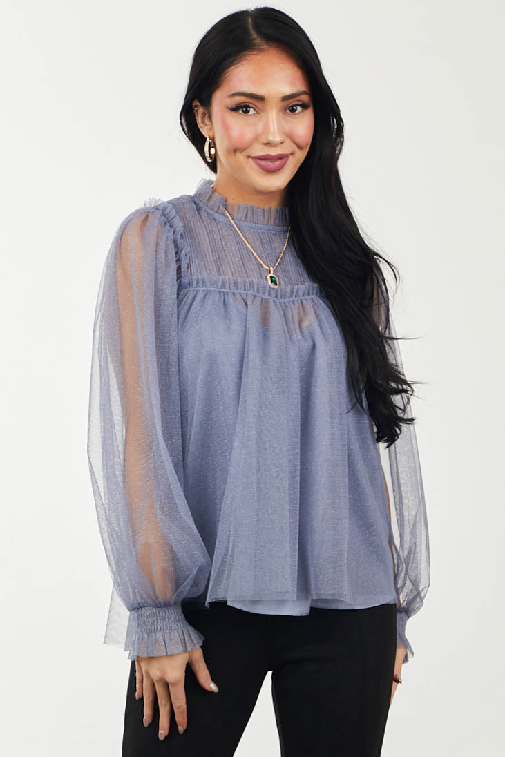 Dusty Blue High Neck Pintuck Yoke Tulle Blouse