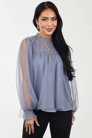 Dusty Blue High Neck Pintuck Yoke Tulle Blouse