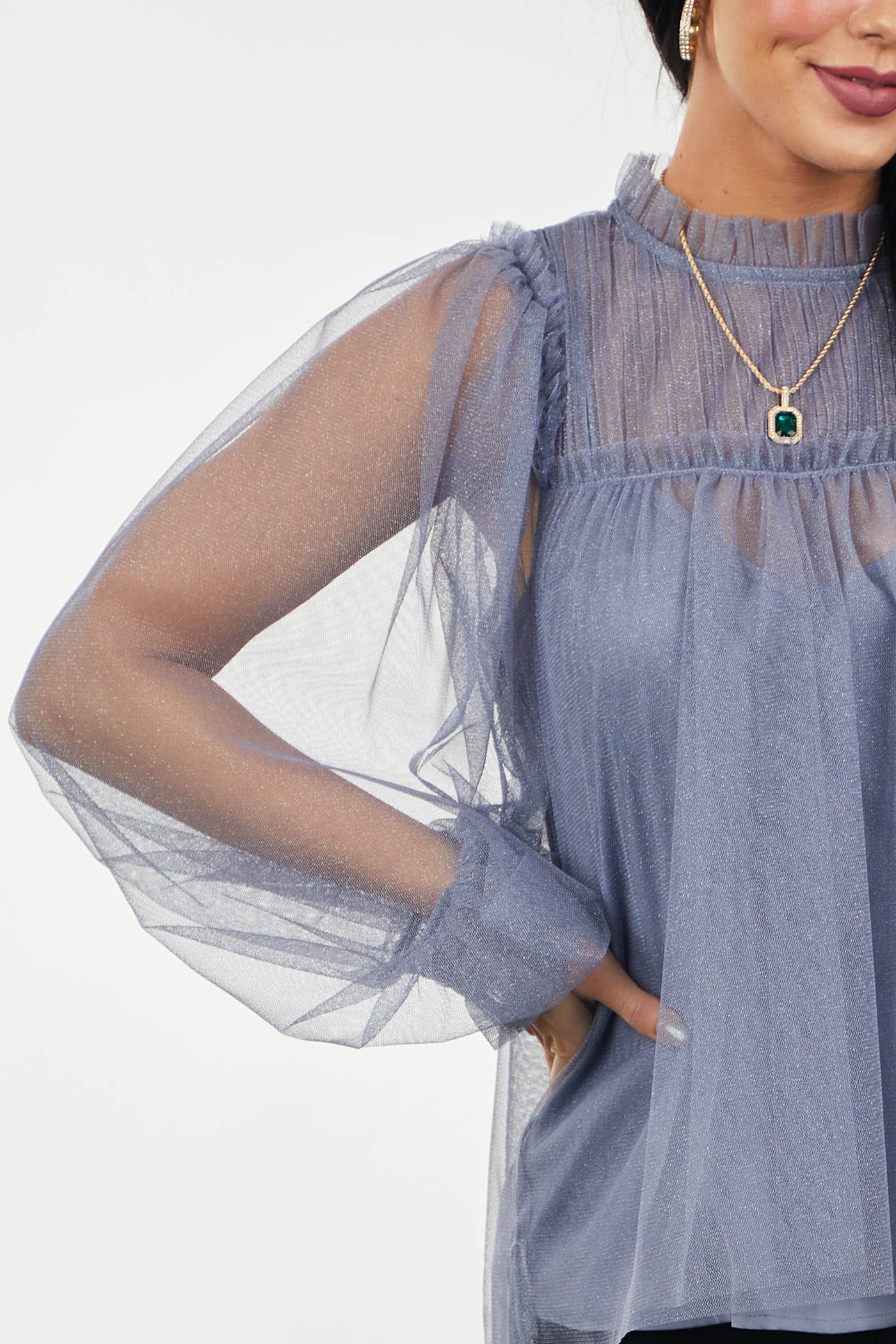 Dusty Blue High Neck Pintuck Yoke Tulle Blouse