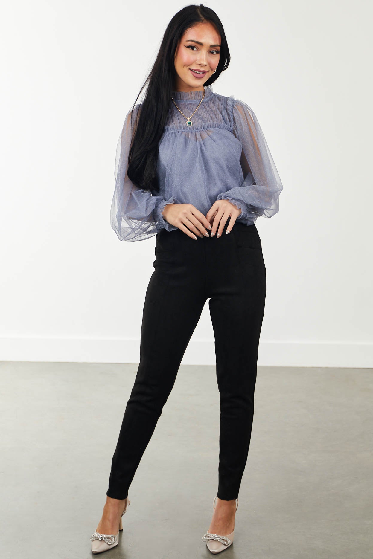 Dusty Blue High Neck Pintuck Yoke Tulle Blouse