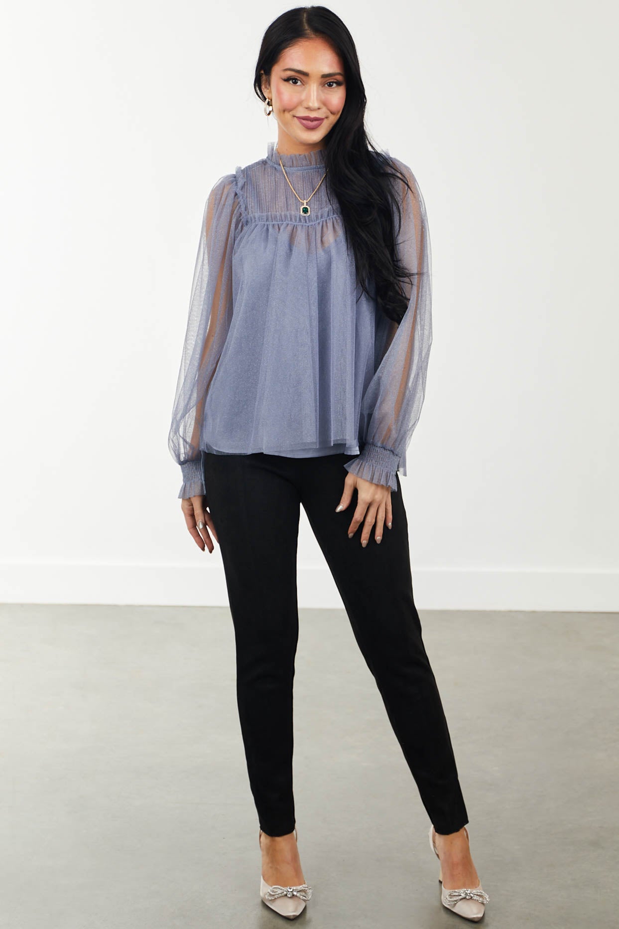 Dusty Blue High Neck Pintuck Yoke Tulle Blouse