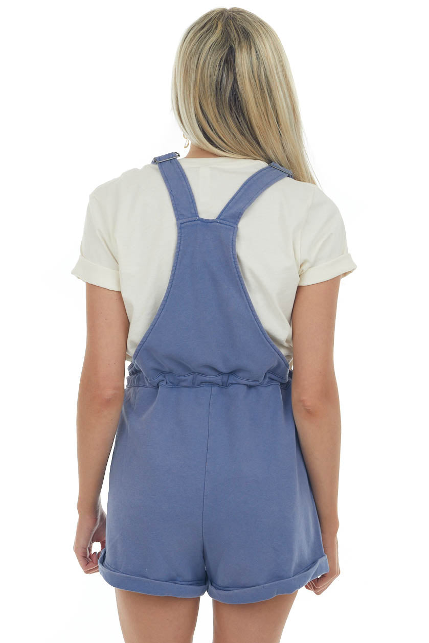 Dusty Blue Knit Overalls with Drawstring Waist