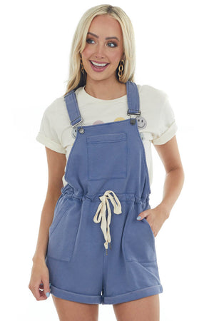 Dusty Blue Knit Overalls with Drawstring Waist