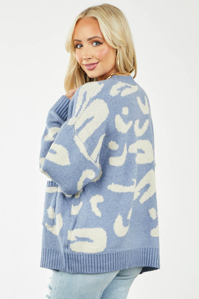 Dusty Blue Leopard Button Up Pouch Cardigan