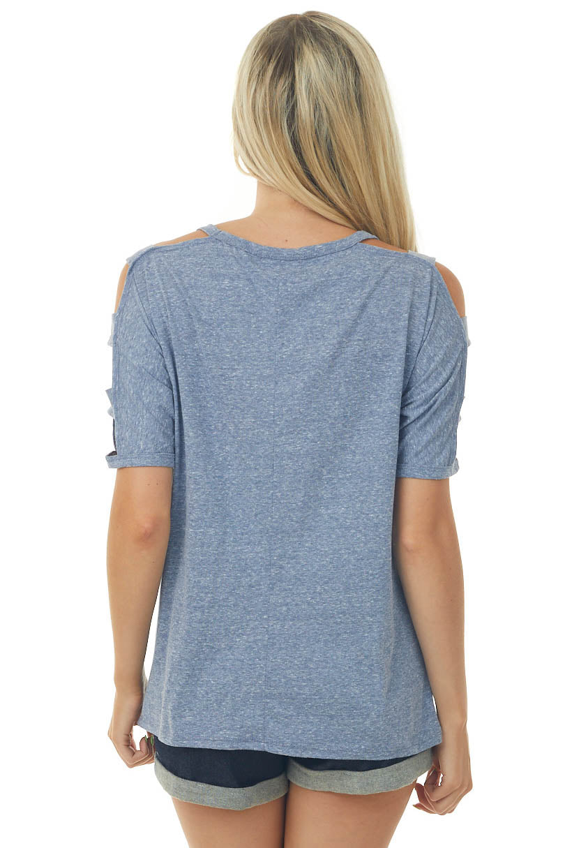 Dusty Blue Melange Ladder Cut Out Sleeve Tee