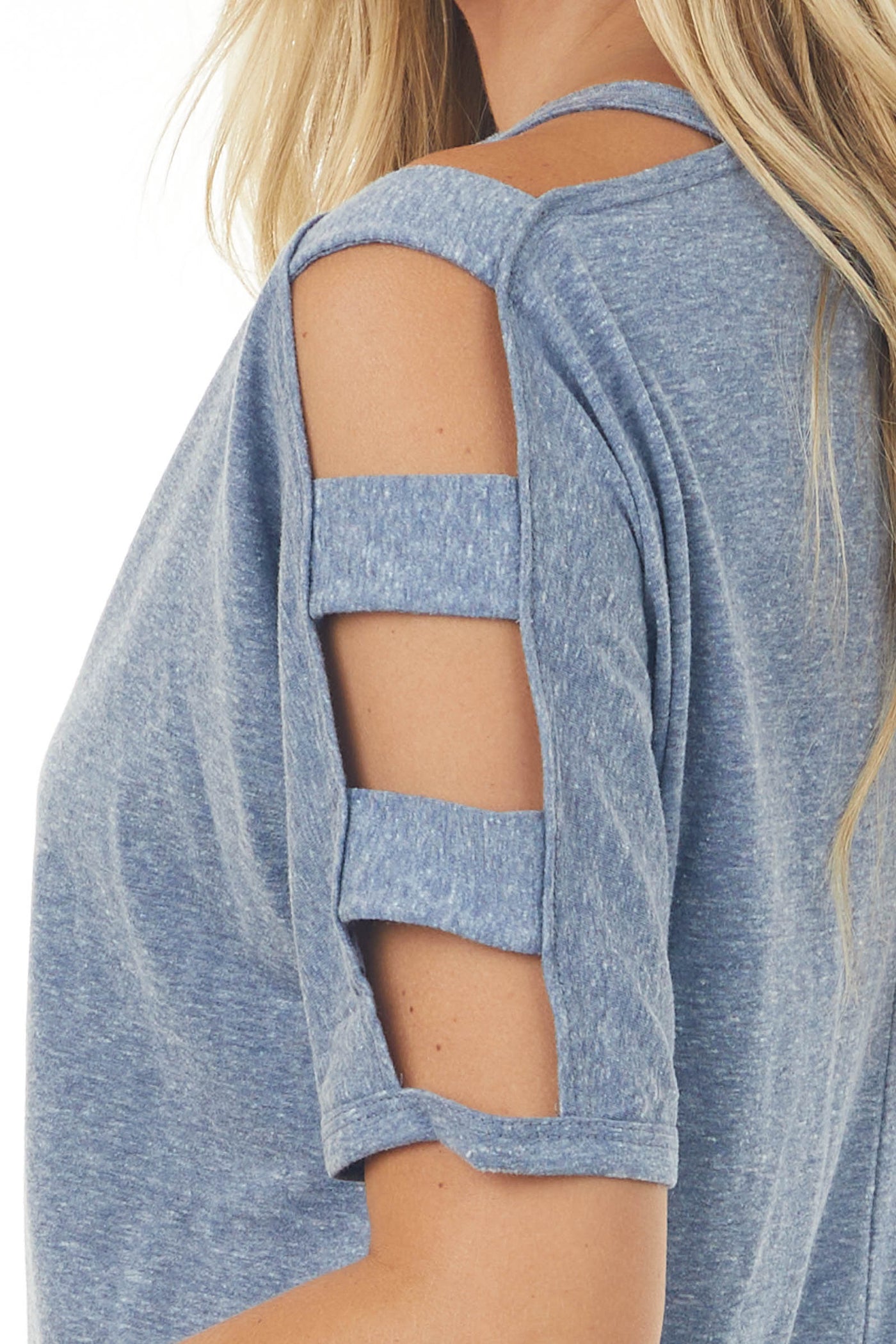Dusty Blue Melange Ladder Cut Out Sleeve Tee