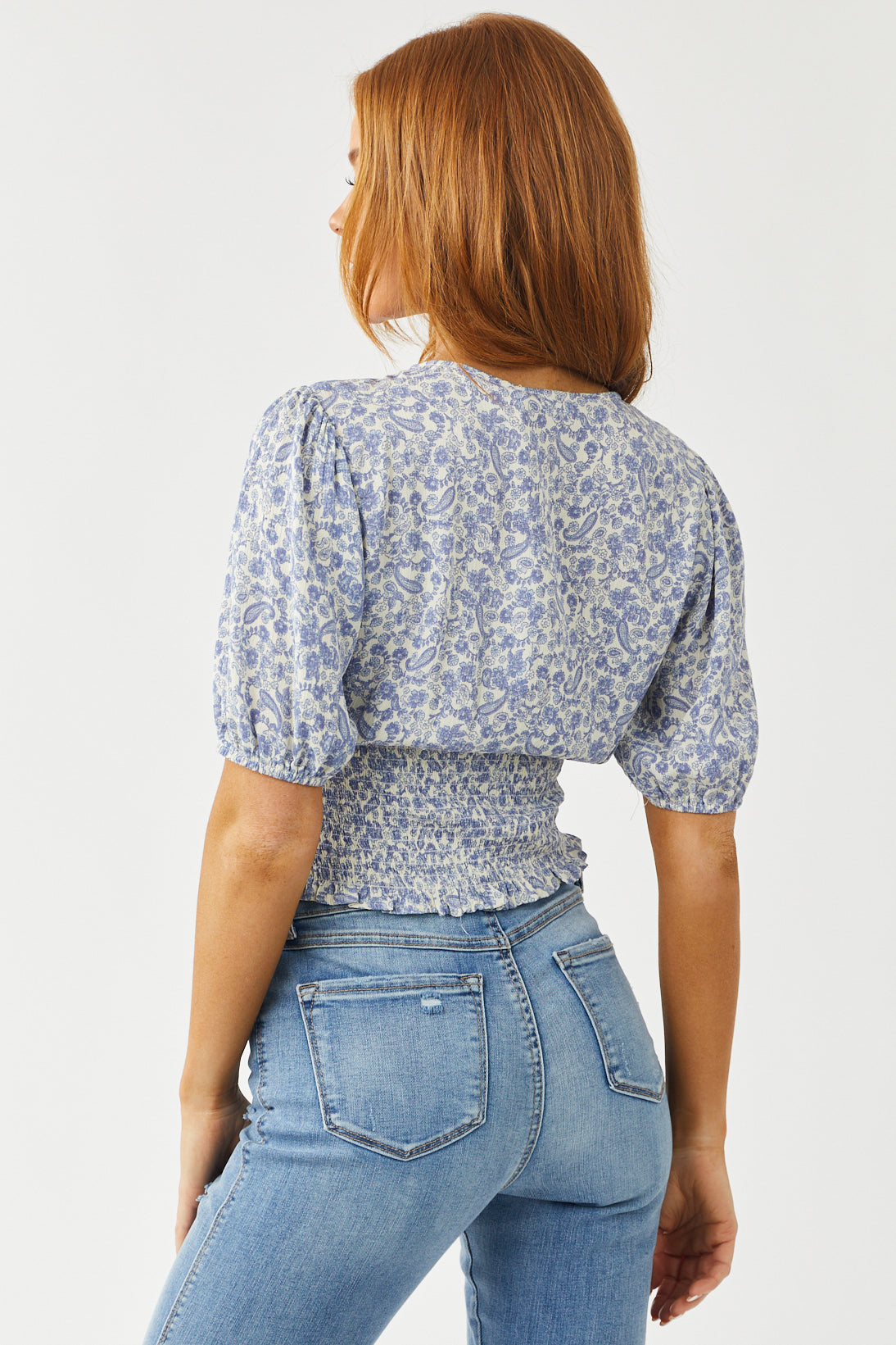 Dusty Blue Paisley Print V Neckline Smocked Top
