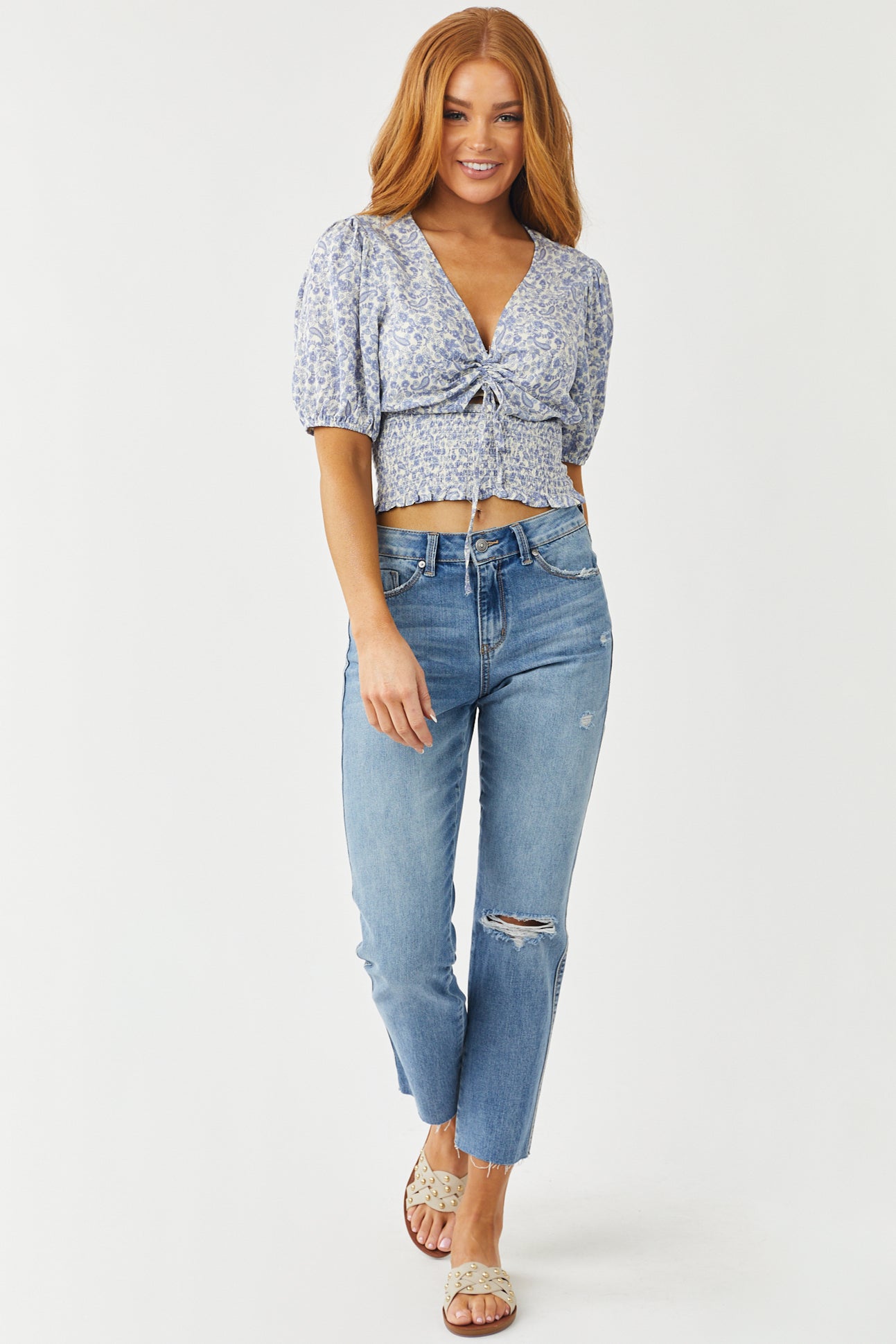 Dusty Blue Paisley Print V Neckline Smocked Top