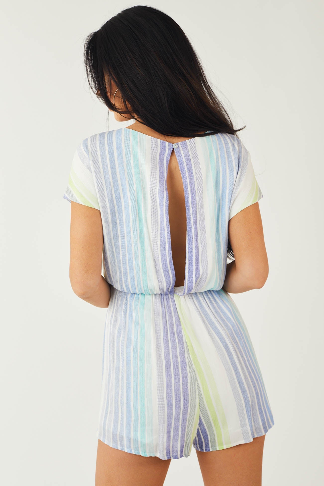 Dusty Blue Striped Cap Sleeve V Neck Woven Romper