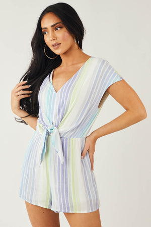 Dusty Blue Striped Cap Sleeve V Neck Woven Romper