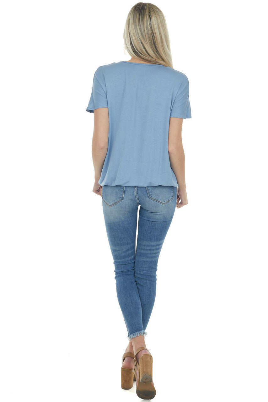 Dusty Blue Surplice Ladder Strap Neck Knit Top