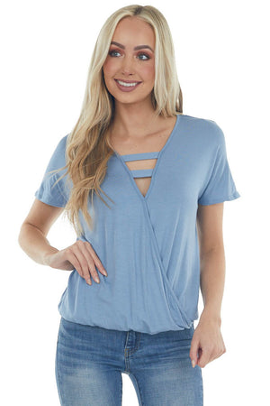 Dusty Blue Surplice Ladder Strap Neck Knit Top
