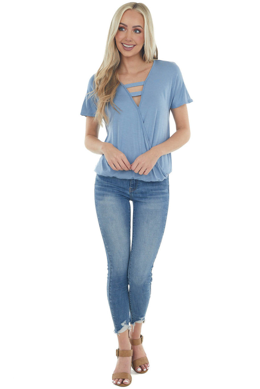 Dusty Blue Surplice Ladder Strap Neck Knit Top