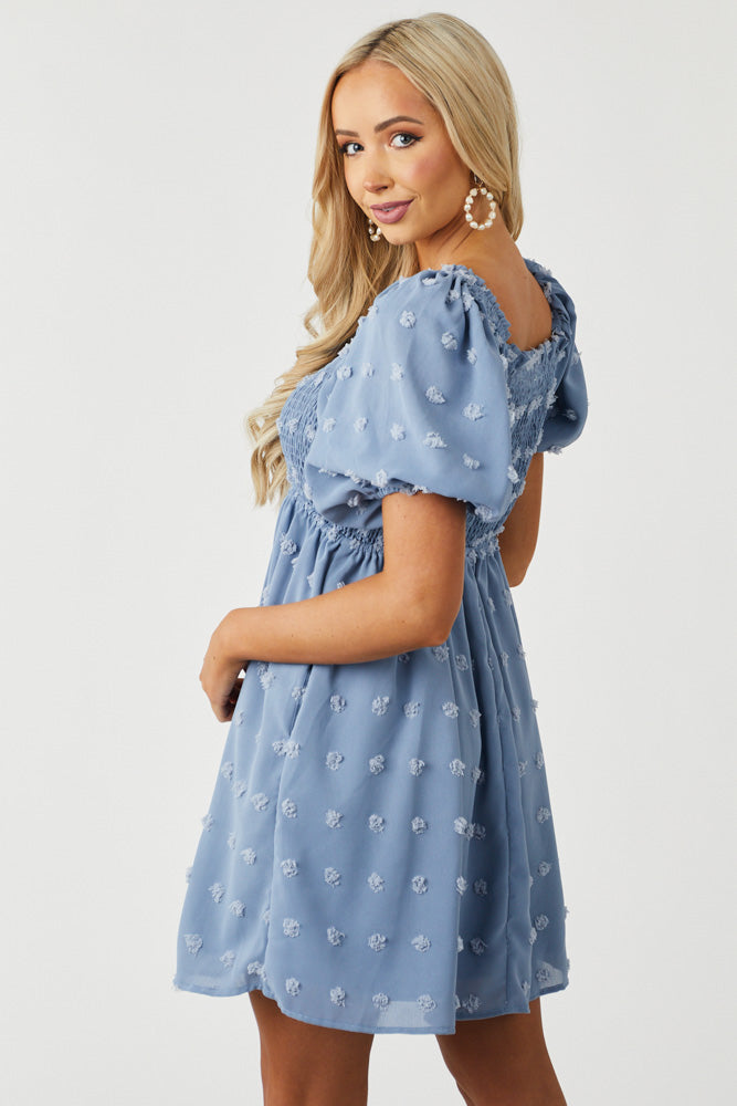 Dusty Blue Swiss Dot Smocked Short Dress