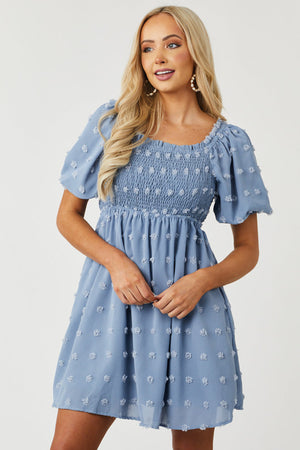 Dusty Blue Swiss Dot Smocked Short Dress