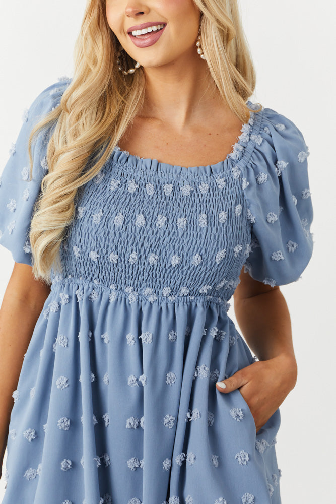 Dusty Blue Swiss Dot Smocked Short Dress