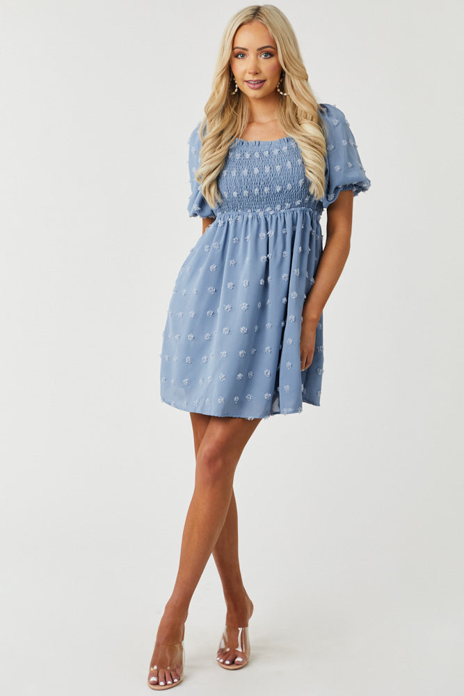 Dusty Blue Swiss Dot Smocked Short Dress