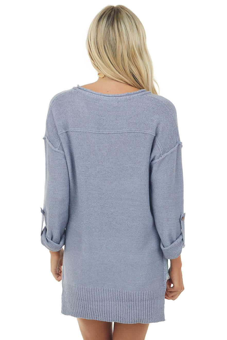 Dusty Blue V Neck Knit Sweater with Wood Button Details