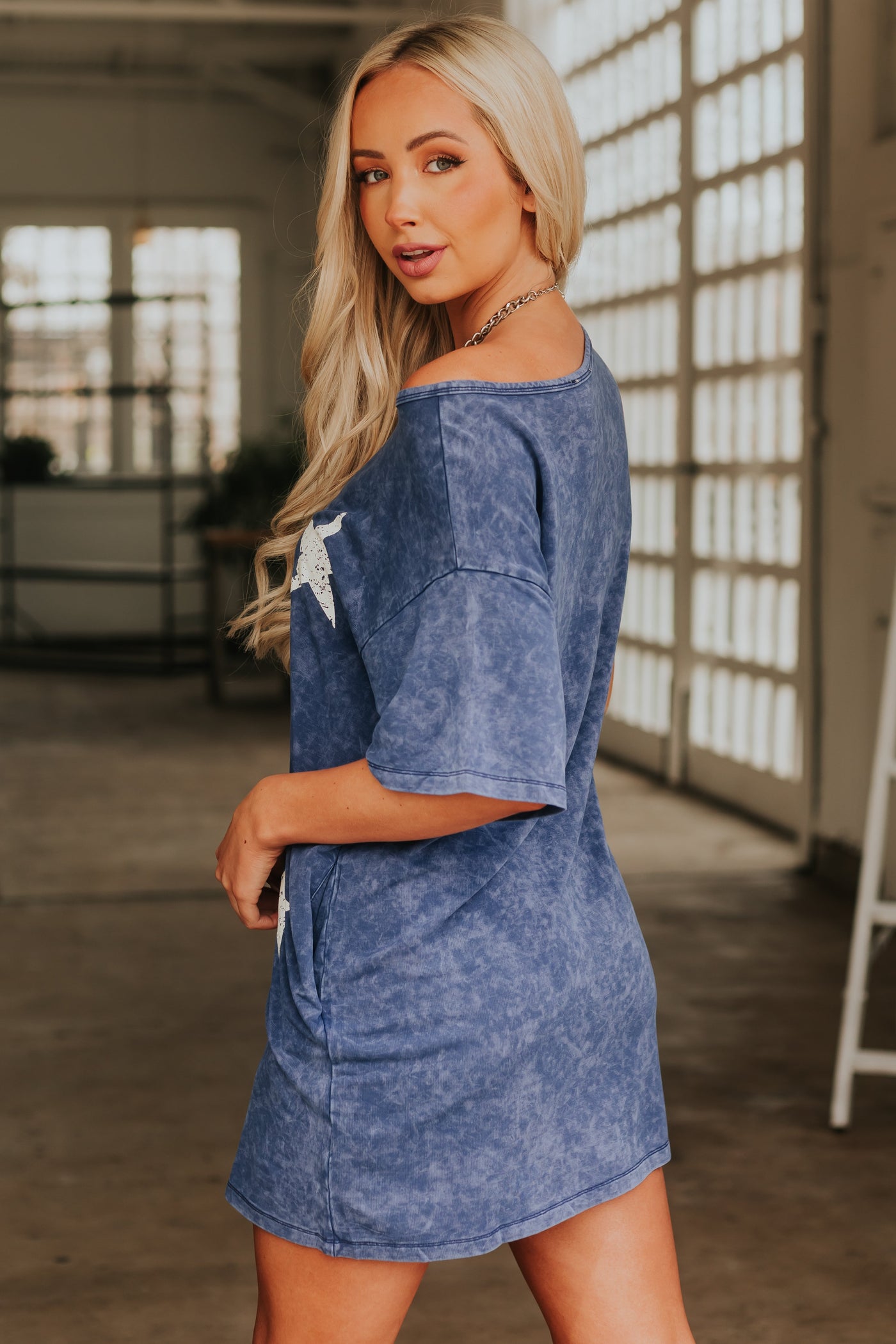 Dusty Blue Washed Vintage Star Tee Shirt Dress