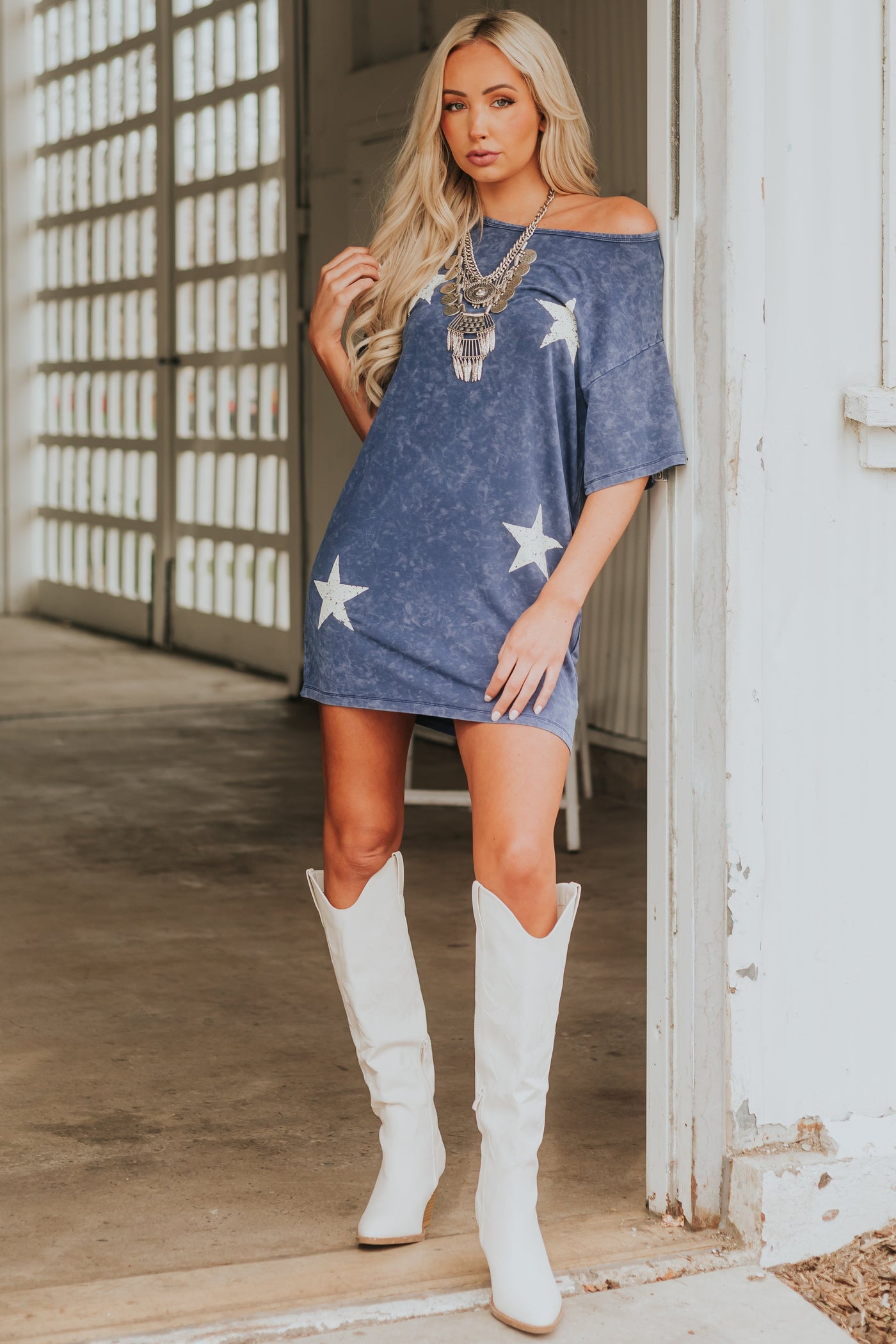 Dusty Blue Washed Vintage Star Tee Shirt Dress