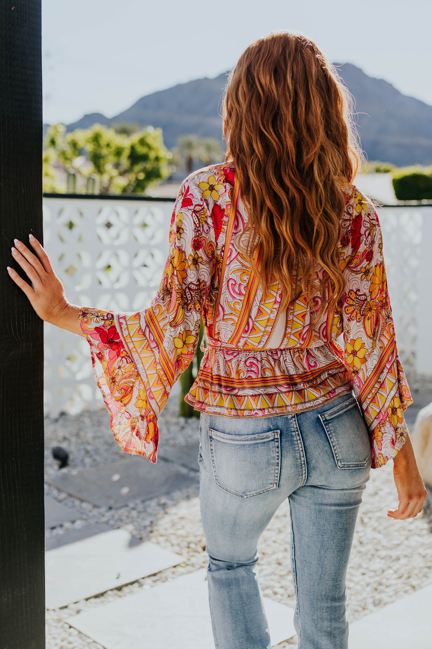 Dusty Blush Abstract Floral Flare Sleeve Blouse