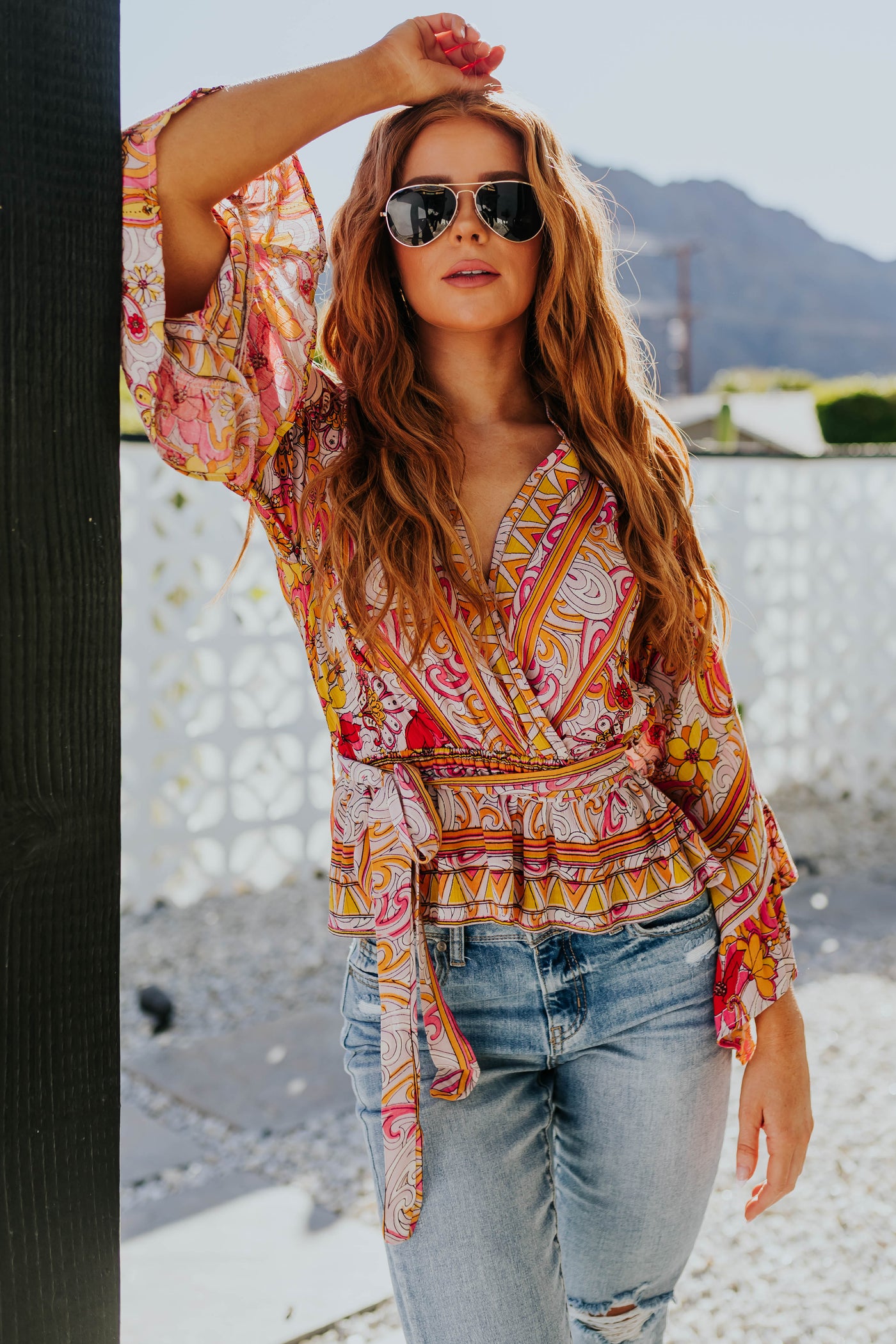 Dusty Blush Abstract Floral Flare Sleeve Blouse