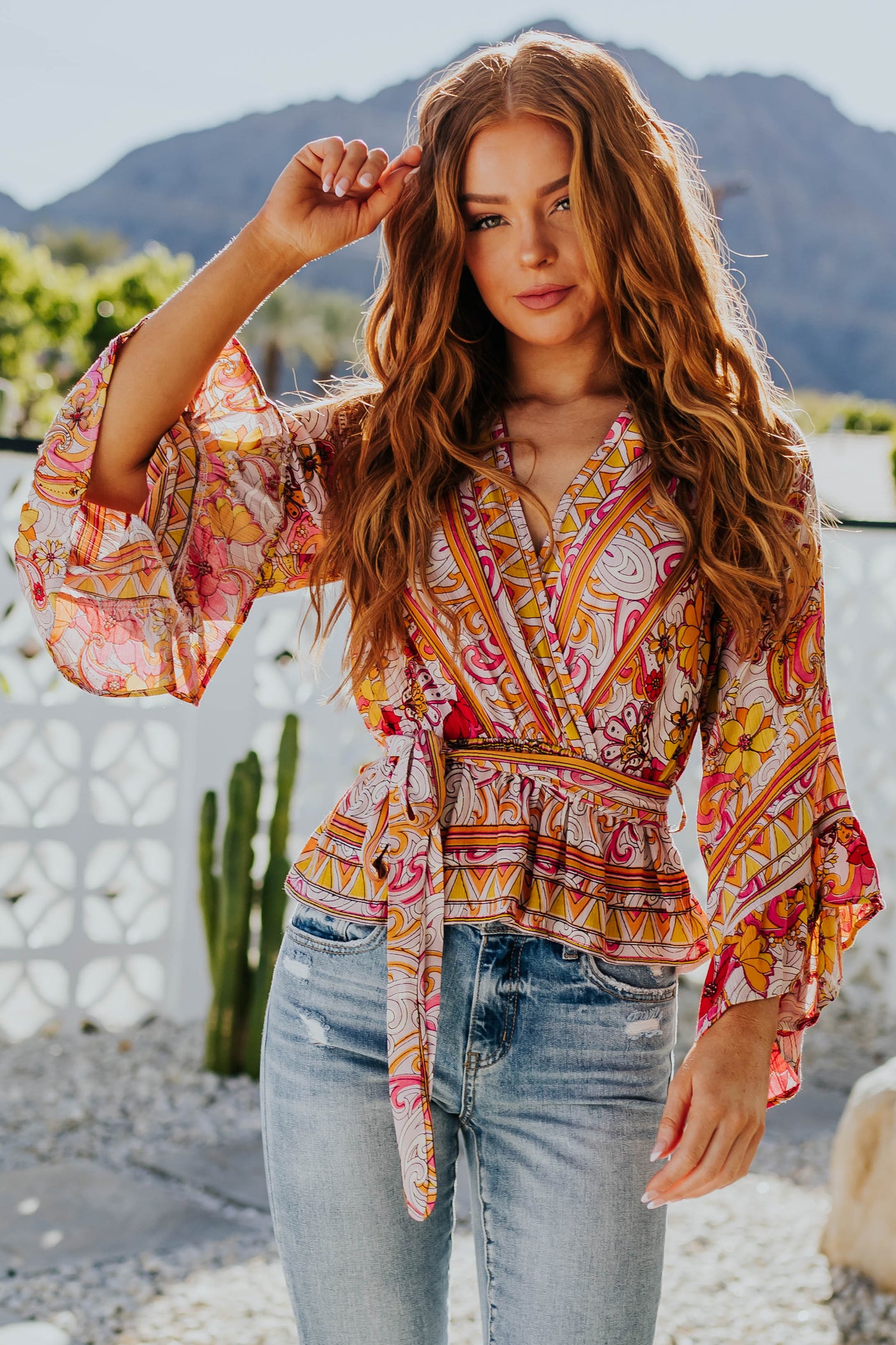 Dusty Blush Abstract Floral Flare Sleeve Blouse