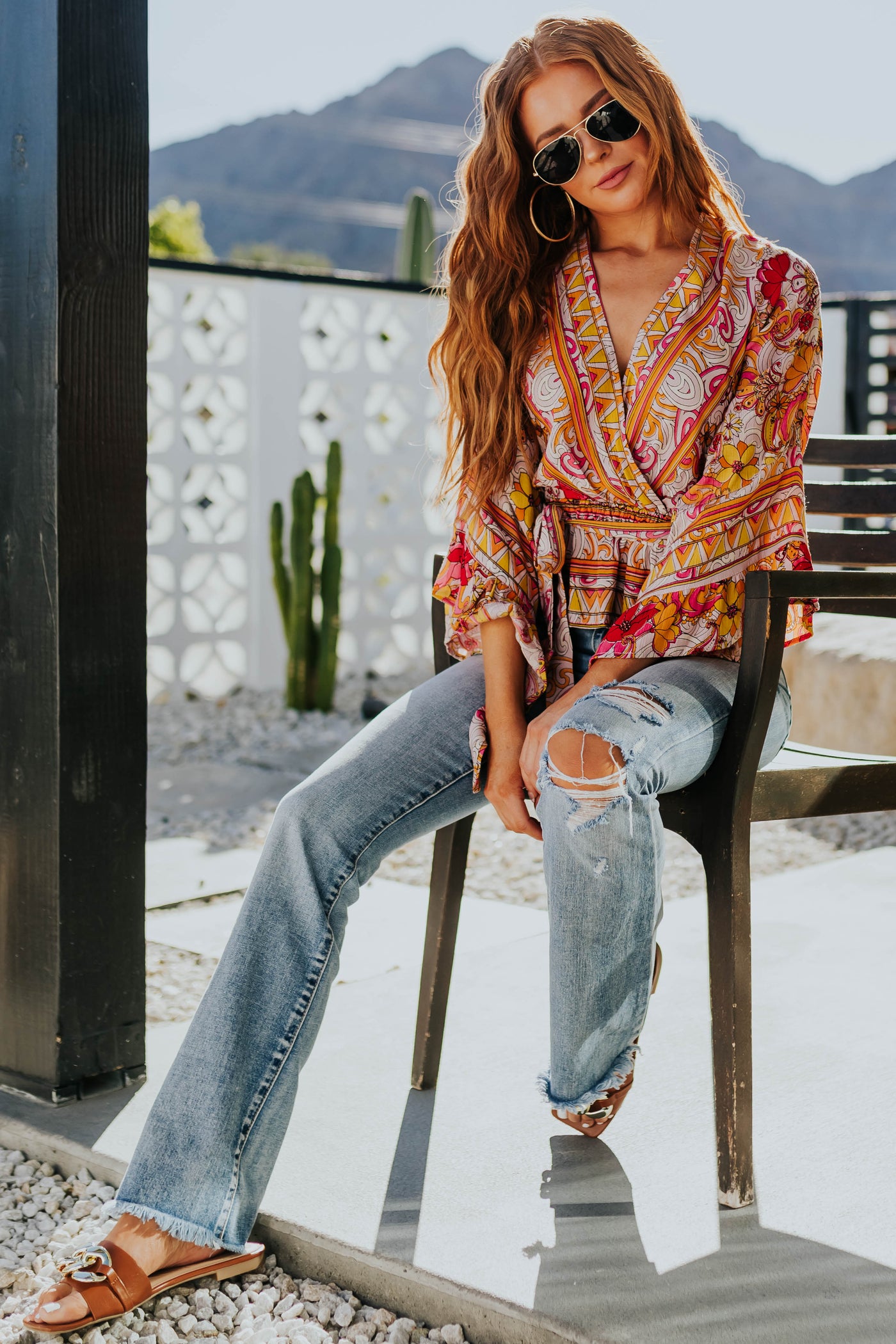 Dusty Blush Abstract Floral Flare Sleeve Blouse