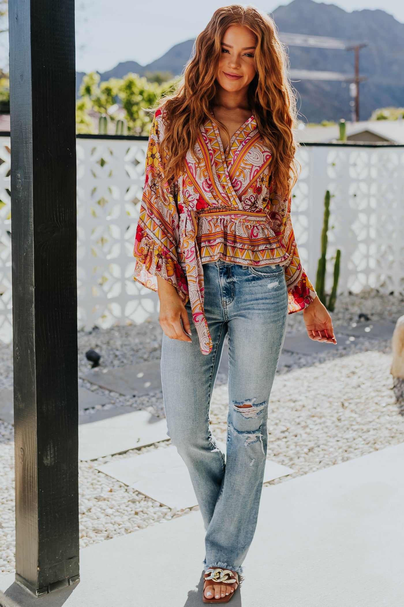 Dusty Blush Abstract Floral Flare Sleeve Blouse