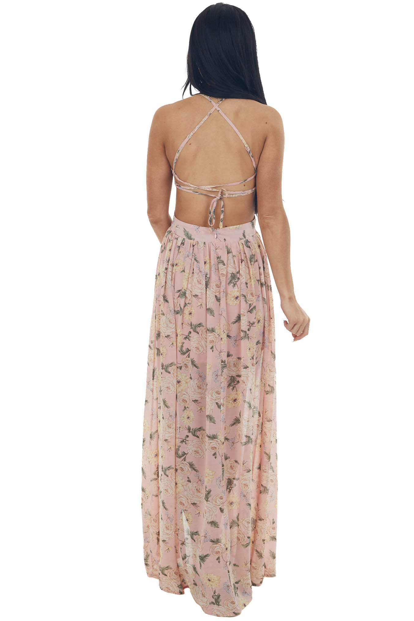 Dusty Blush Floral Cut Out Waist Maxi Dress