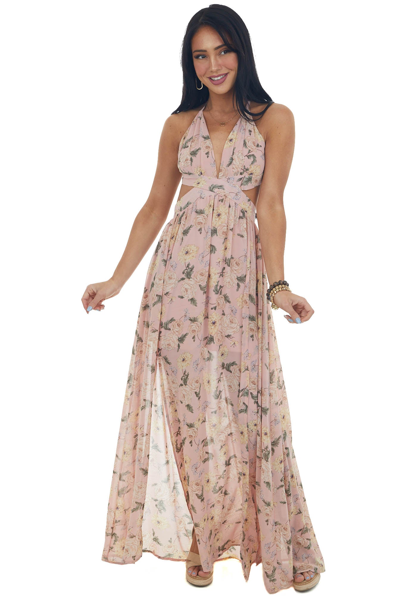 Dusty Blush Floral Cut Out Waist Maxi Dress