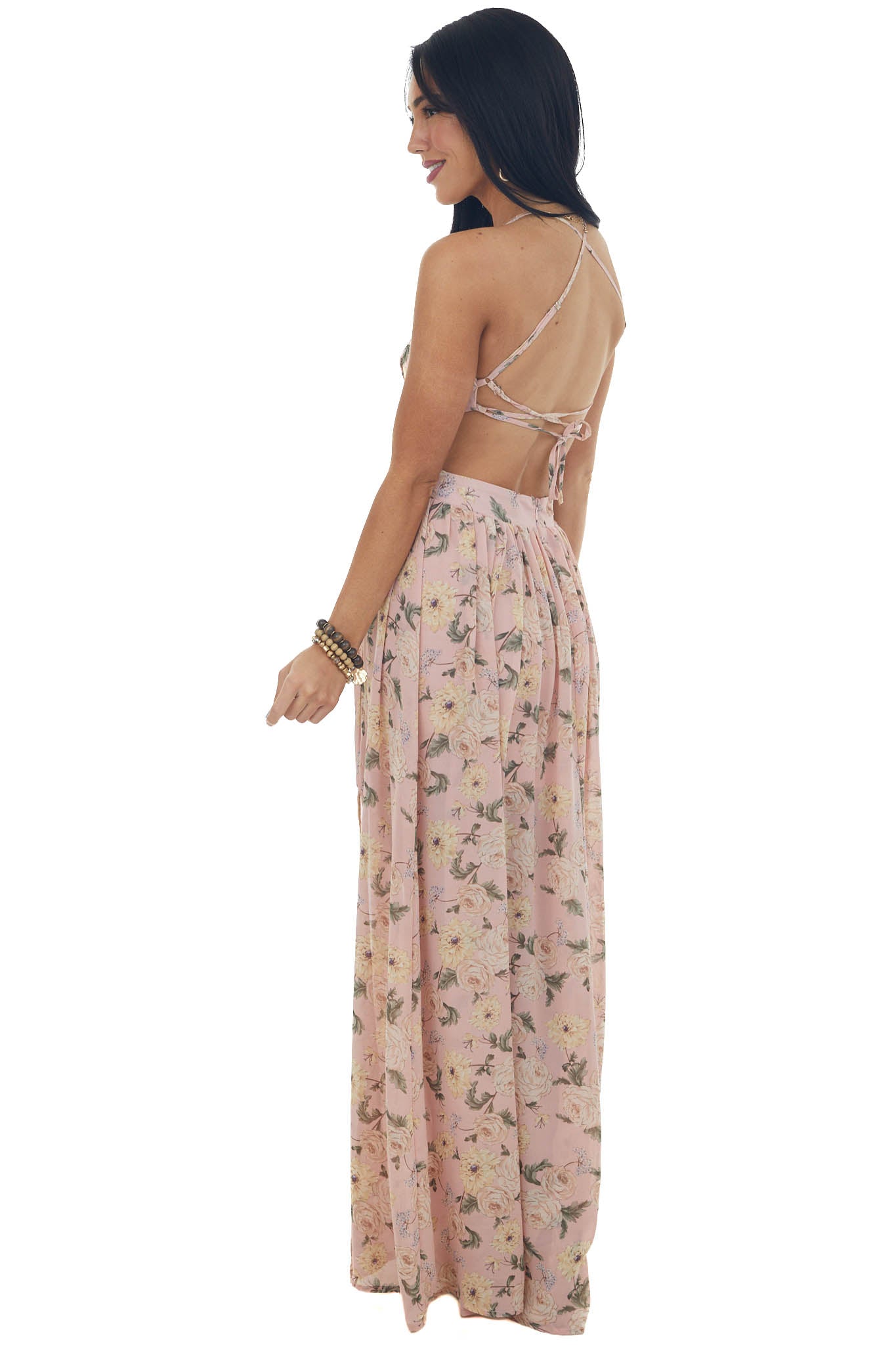 Dusty Blush Floral Cut Out Waist Maxi Dress