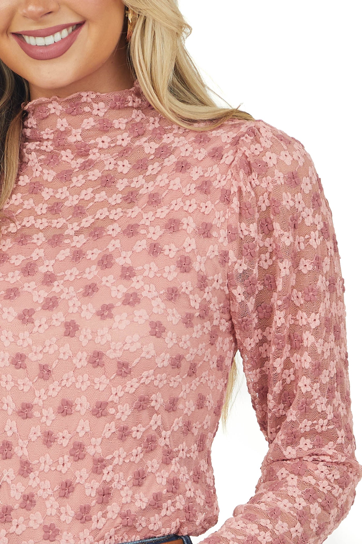 Dusty Blush Floral Lace Long Sleeve Mesh Top