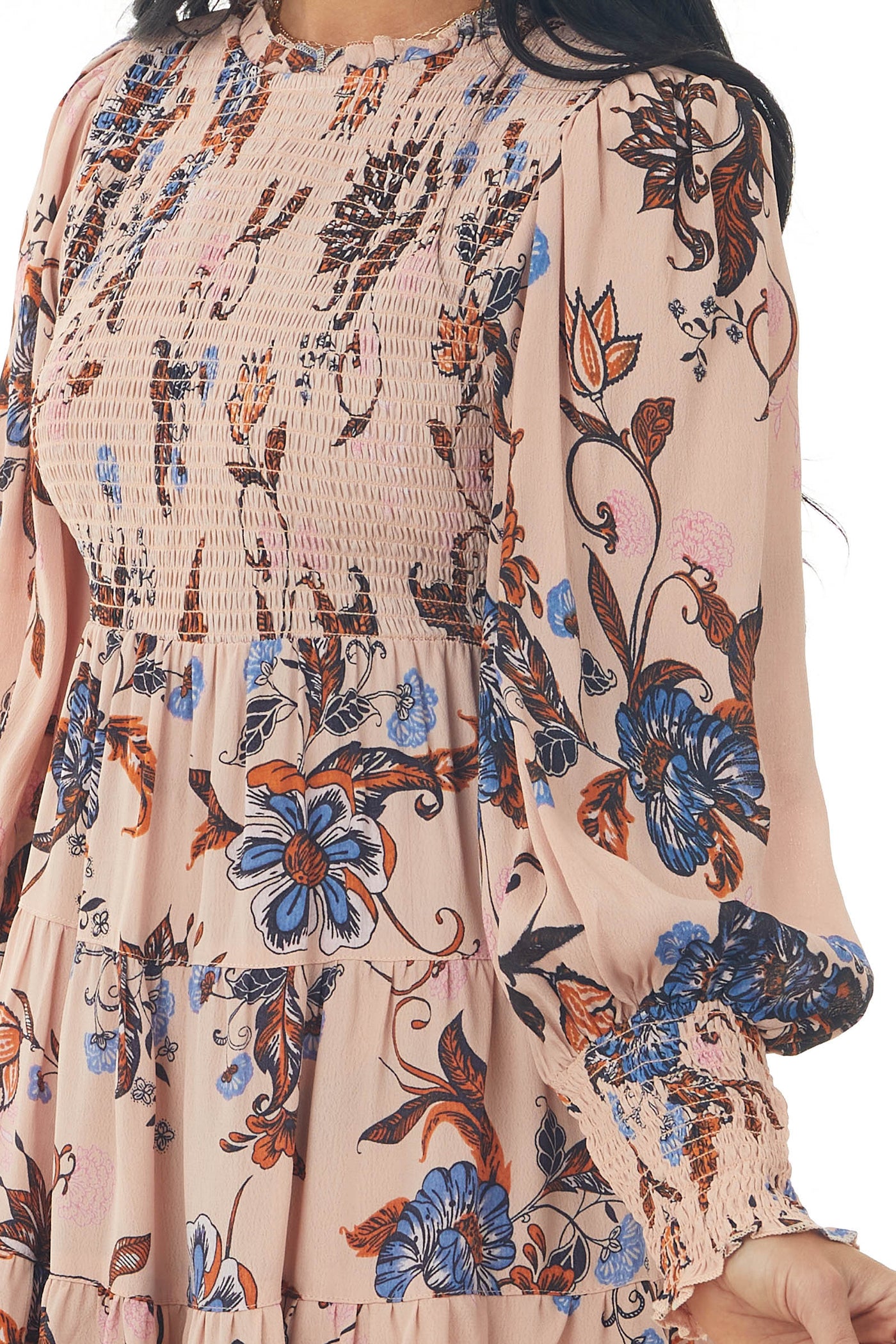 Dusty Blush Floral Print Babydoll Tiered Dress