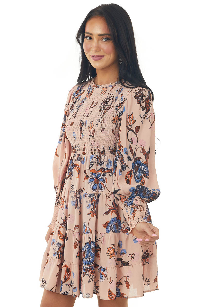 Dusty Blush Floral Print Babydoll Tiered Dress