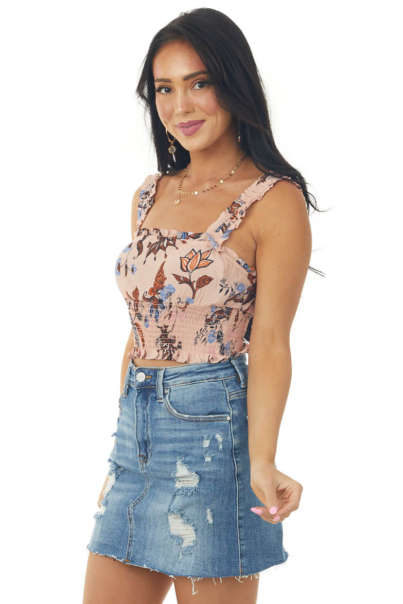 Dusty Blush Floral Print Smocked Crop Tank Top