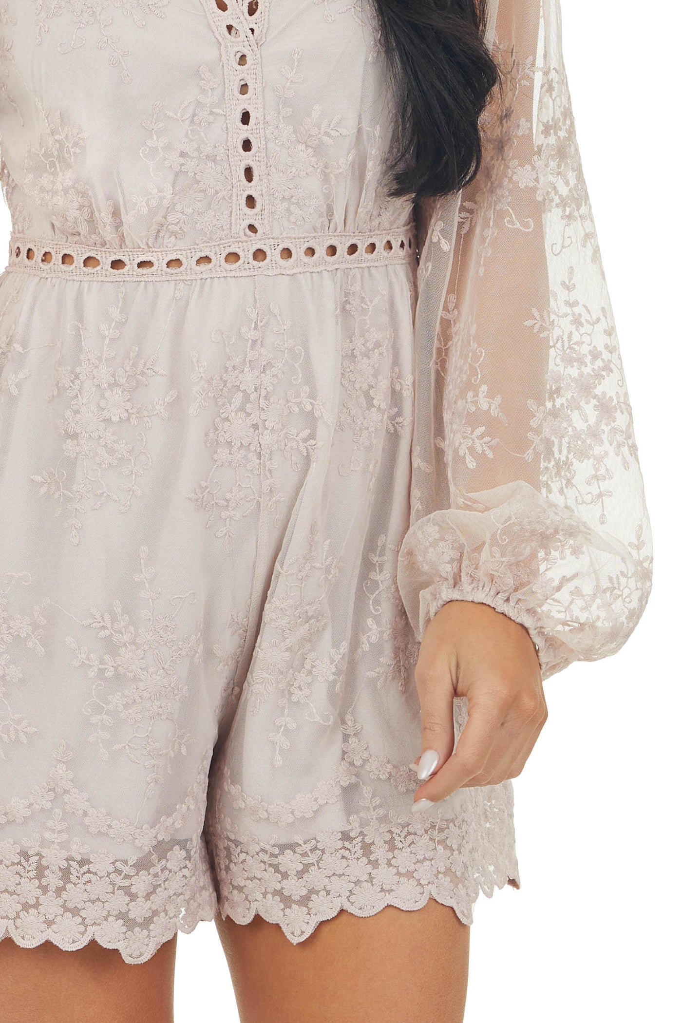 Dusty Blush Lace Romper with Long Sleeves
