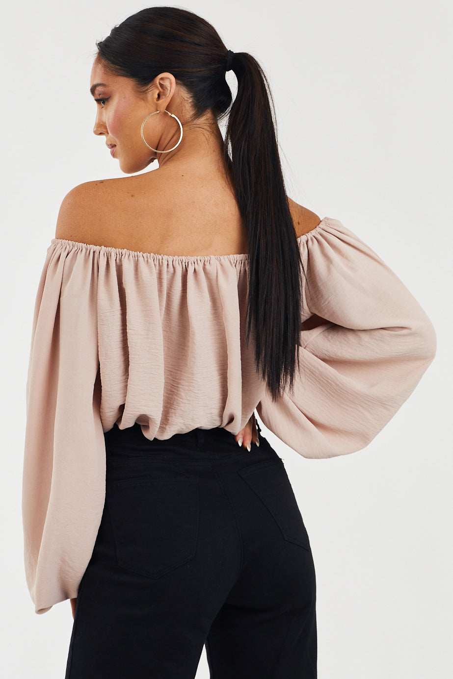 Dusty Blush Off Shoulder Bubble Sleeve Blouse