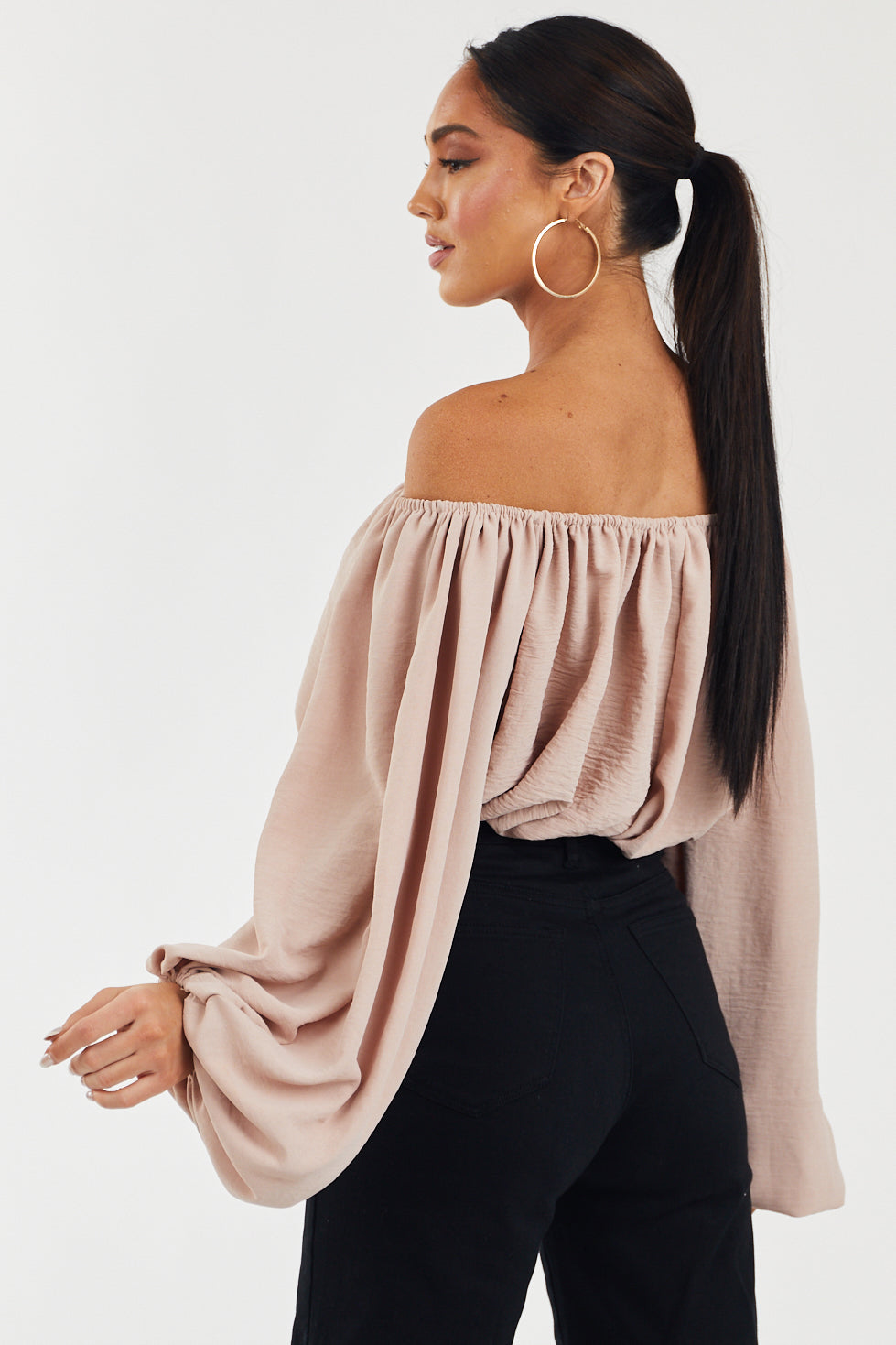 Dusty Blush Off Shoulder Bubble Sleeve Blouse