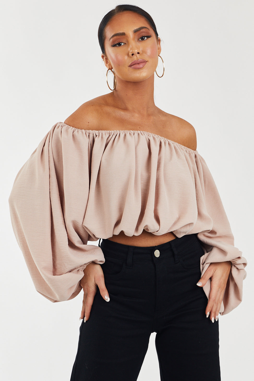 Dusty Blush Off Shoulder Bubble Sleeve Blouse