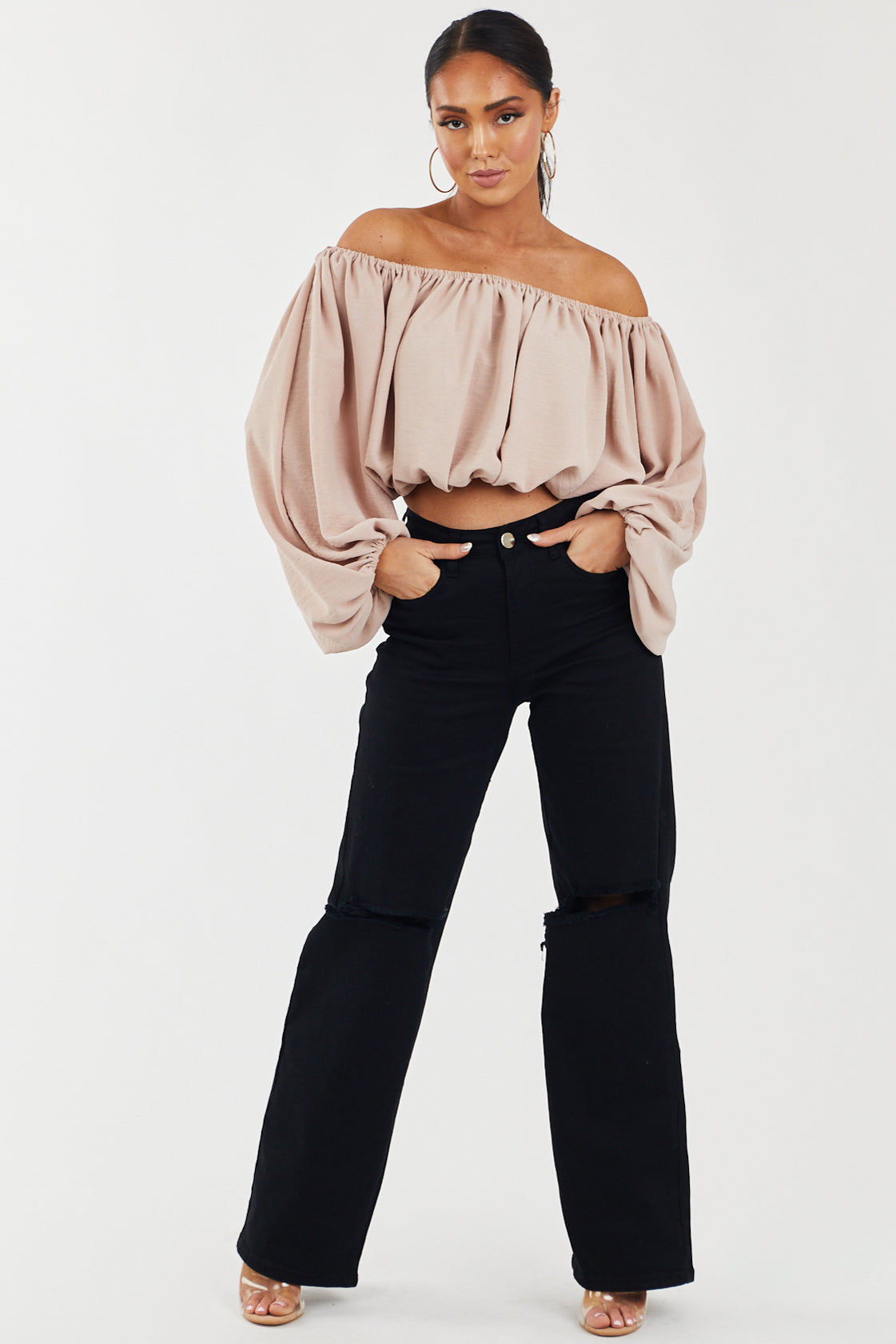 Dusty Blush Off Shoulder Bubble Sleeve Blouse