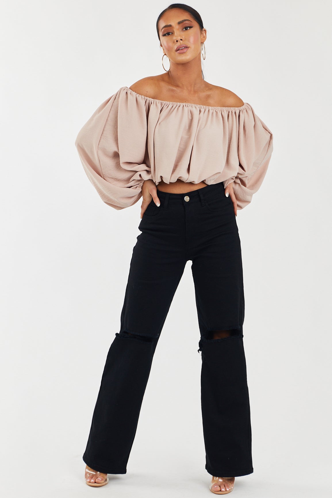 Dusty Blush Off Shoulder Bubble Sleeve Blouse