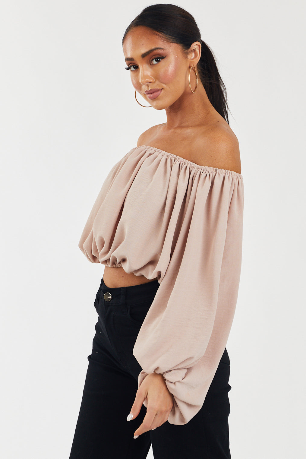 Dusty Blush Off Shoulder Bubble Sleeve Blouse