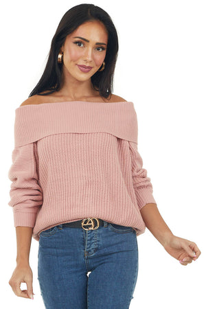 Dusty Blush Off Shoulder Long Sleeve Knit Sweater